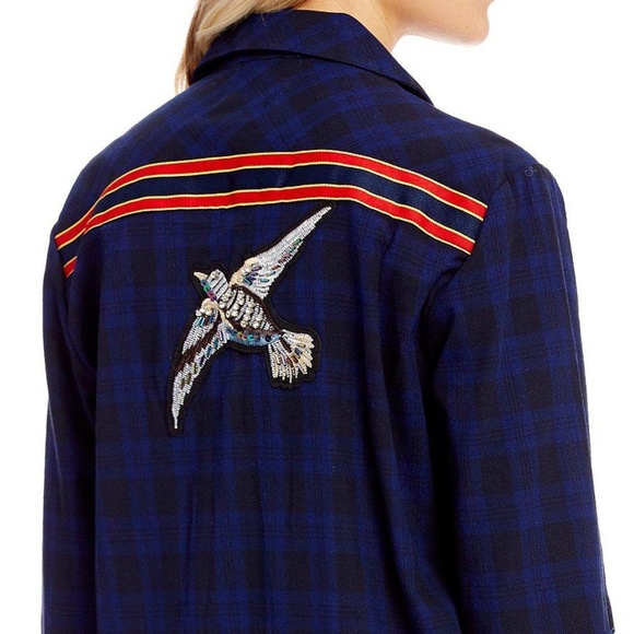 Sam Edelman Navy Plaid Shirt Blue Embroidered - Picture 2 of 5